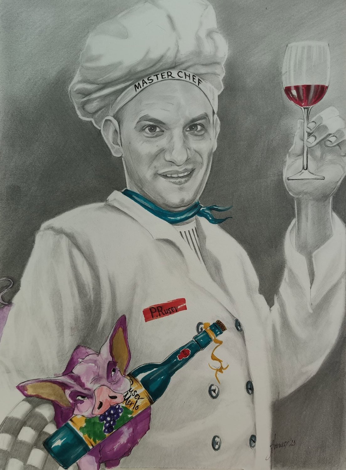 Pencil portrait of a chef raising a glass of wine, with colour details