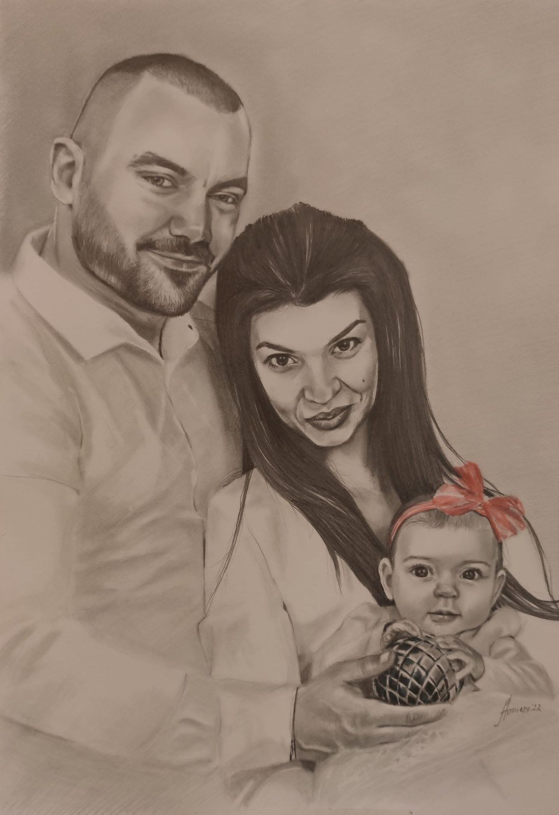Graphite portrait of a mother and father with their baby daughter, her red hair bow picked out in colour