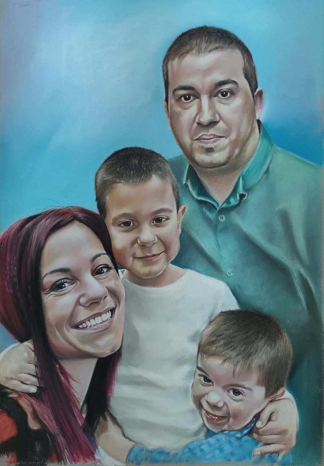 Colour pastel family portrait of two parents and two children