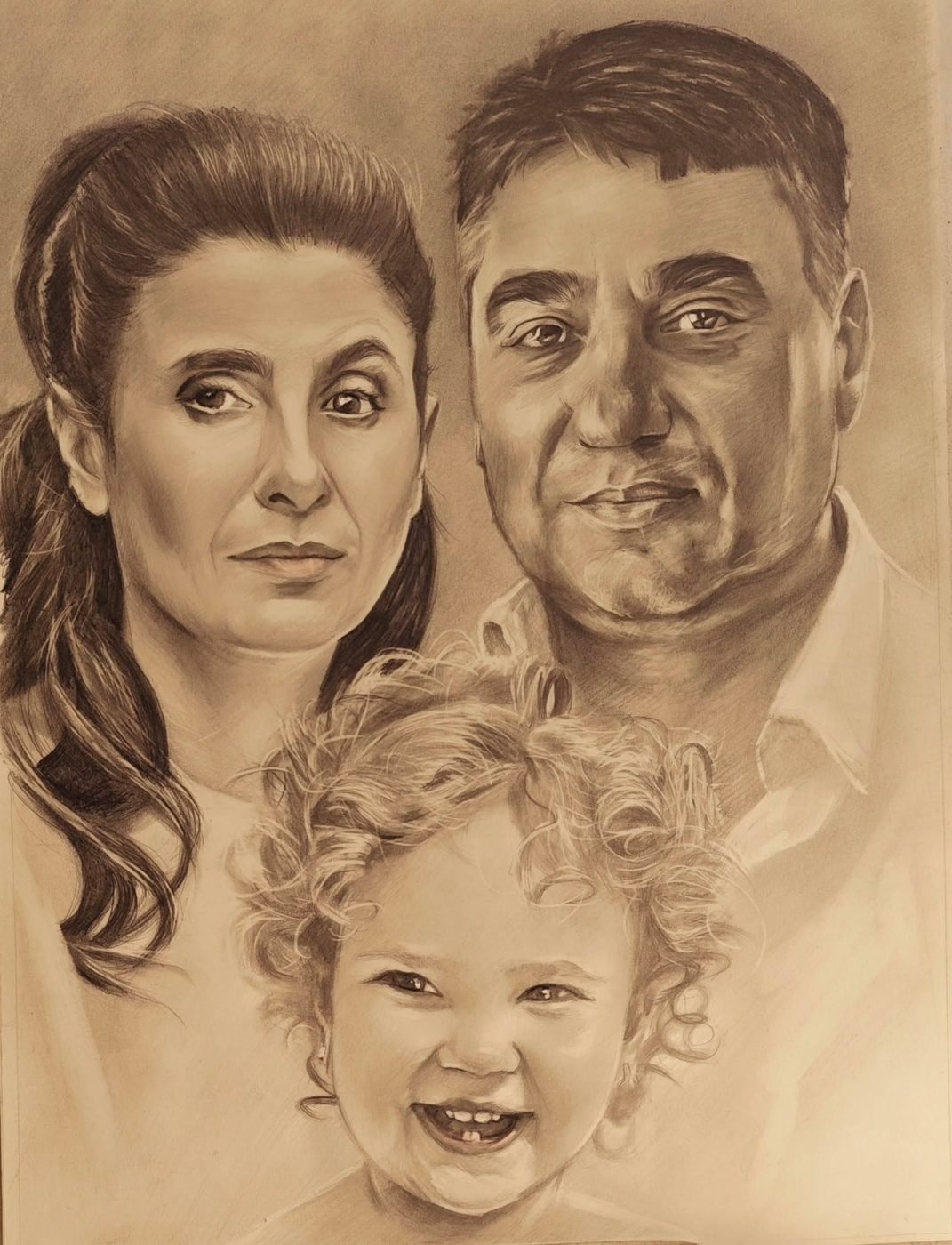 Sepia pencil family portrait of a mother, father and their daughter