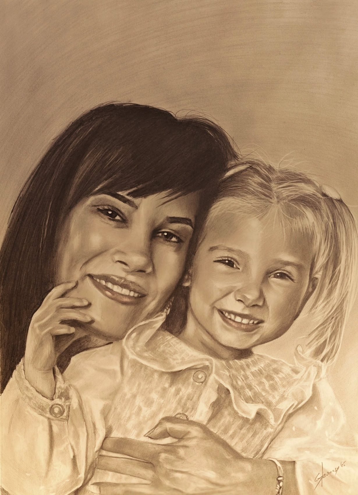 Hand-drawn sepia pencil portrait of a mother and her daughter, commissioned from Studio Stoonesy