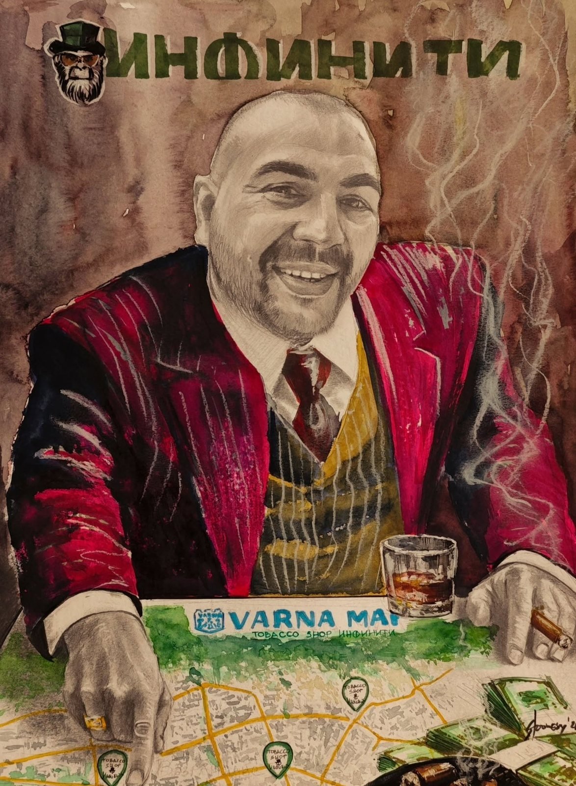 Watercolour and pencil portrait of a man, monochrome face against vivid colour